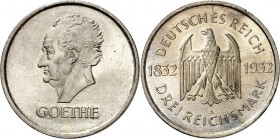 WEIMARER REPUBLIK. 
GEDENKMÜNZEN. 
3 Reichsmark 1932 A Goethe. J.&nbsp; 350. . 

l.Rf.,vz-St