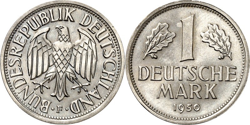 BUNDESREPUBLIK. 
KURSMÜNZEN. 
AUFSCHRIFT BUNDESREPUBLIK. 1 DM 1950 F CuNi. J. ...