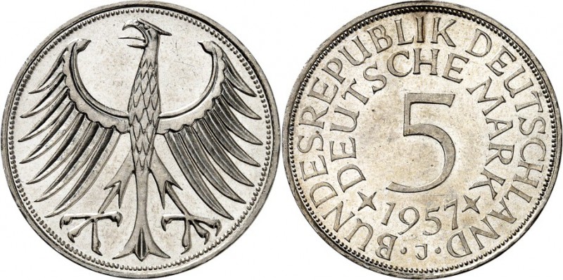 BUNDESREPUBLIK. 
KURSMÜNZEN. 
AUFSCHRIFT BUNDESREPUBLIK. 5 DM 1957 J. J. 387. ...
