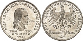 BUNDESREPUBLIK. 
GEDENKMÜNZEN in Ag 5 DM. 
5 DM 1953F Schiller. J.&nbsp; 389. . 

Kratzer,vz