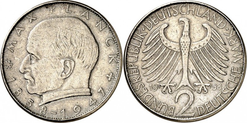 BUNDESREPUBLIK. 
VERPRÄGUNGEN / FEHLPRÄGUNGEN. 
2 DM 1958 J Max Planck, gerund...