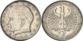 BUNDESREPUBLIK. 
VERPRÄGUNGEN / FEHLPRÄGUNGEN. 
2 DM 1958 J Max Planck, gerundeter Rand ohne Inschrift Cu-Ni 26.7mm. J. 392. . 

ss