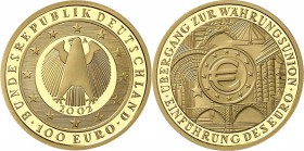 BUNDESREPUBLIK. 
GEDENKMÜNZEN in GOLD. 
100 Euro 2002&nbsp;A Währungsunion. J.&nbsp; 493. . 

im Etui, St