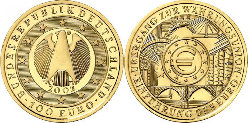 BUNDESREPUBLIK. 
GEDENKMÜNZEN in GOLD. 
100 Euro 2002&nbsp;D Währungsunion. J....