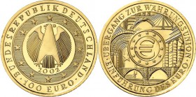 BUNDESREPUBLIK. 
GEDENKMÜNZEN in GOLD. 
100 Euro 2002&nbsp;D Währungsunion. J.&nbsp; 493. . 

im Etui, St