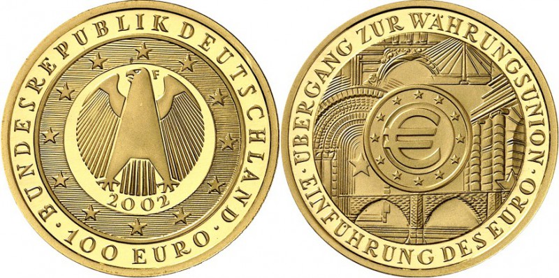BUNDESREPUBLIK. 
GEDENKMÜNZEN in GOLD. 
100 Euro 2002&nbsp;F Währungsunion. J....