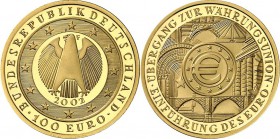 BUNDESREPUBLIK. 
GEDENKMÜNZEN in GOLD. 
100 Euro 2002&nbsp;F Währungsunion. J.&nbsp; 493. . 

im Etui, St