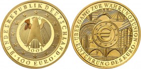 BUNDESREPUBLIK. 
GEDENKMÜNZEN in GOLD. 
100 Euro 2002 G Währungsunion. J.&nbsp; 493. . 

im Etui, St