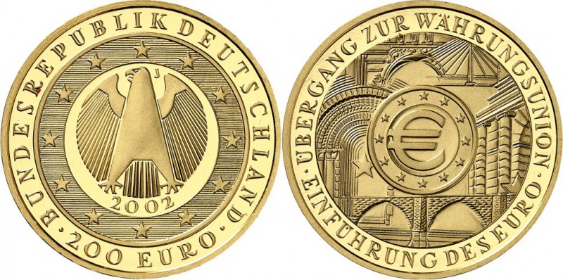 BUNDESREPUBLIK. 
GEDENKMÜNZEN in GOLD. 
200 Euro 2002 J Währungsunion. J.&nbsp...