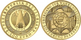 BUNDESREPUBLIK. 
GEDENKMÜNZEN in GOLD. 
200 Euro 2002 J Währungsunion. J.&nbsp; 494. . 

im Etui, St