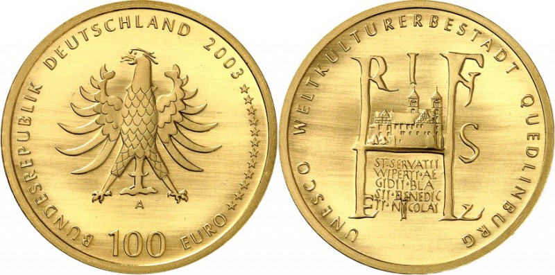 BUNDESREPUBLIK. 
GEDENKMÜNZEN in GOLD. 
100 Euro 2003&nbsp;A Quedlinburg. J.&n...
