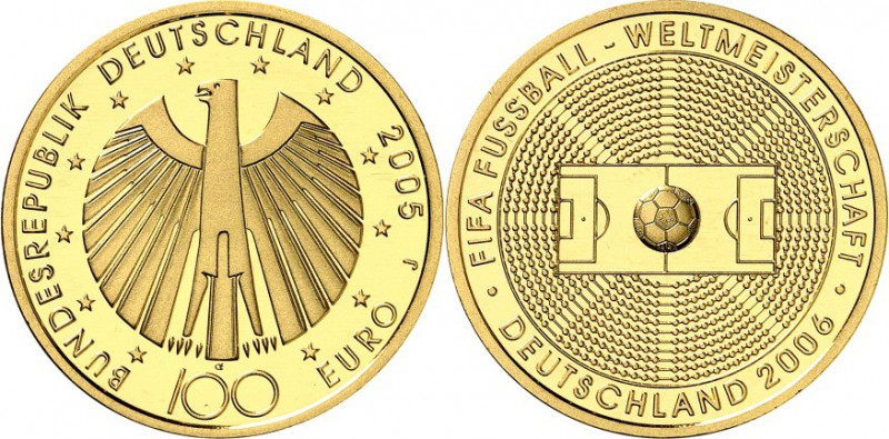 BUNDESREPUBLIK. 
GEDENKMÜNZEN in GOLD. 
100 Euro 2006&nbsp;J Fussball-WM 2006....