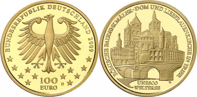 BUNDESREPUBLIK. 
GEDENKMÜNZEN in GOLD. 
100 Euro 2009&nbsp;D Trier. J.&nbsp; 5...