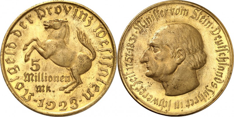 STAATLICHE NOTMÜNZEN. 
WESTFALEN. 
5 Mio Mark 1923 3 zeilig., Tombak vergoldet...