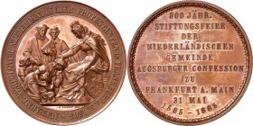 DEUTSCHE STÄDTE. 
FRANKFURT am Main. Medaille 1885 (v. G. Kaupert, O. Schultz, b. Loos) a. d. 300jährige Stiftungsfeier d. Niederl. Gemeinde. Francof...