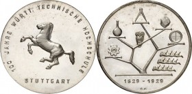 DEUTSCHE STÄDTE. 
UNIVERSITÄTEN u. benannte HOCHSCHULEN (intern.). 
STUTTGART, TH. Medaille 1929 (v.O.Pareth.) 100 Jahre TH. Pferd steigt n.l. / Eul...