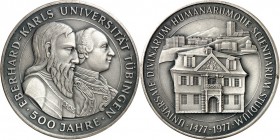 DEUTSCHE STÄDTE. 
UNIVERSITÄTEN u. benannte HOCHSCHULEN (intern.). 
TÜBINGEN. Medaille 1977 (o. Sign.) Universität 500 Jahre. Brb. Graf EBERHARD im ...