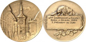 ARCHITEKTUR. 
TÜRME. 
TÜRME. BERN, Medaille o.J.(v.1925) (v.Huguenin) Stadtturm am Ende d. Strassenansicht / Löwe über Gravurfeld mit 3 Z. 4IE`ME CH...