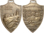 ARCHITEKTUR. 
TÜRME. 
TÜRME. SCHNEEKOPPE (Schlesien) Anhänger o.J. Gipfelturm / Ortsansicht, schildförmig Gelbbronze 47x 32 mm. . 

vz