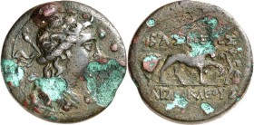 SPEZIALSAMMLUNG NICKEL. 
INDOGRIECHEN. 
Agathokles mit Antimachos ca. 171-160 v. Chr. Cu-Ni-Hexachalkon 7,29g. Büste mit Diadem d. Apollo n.r. / Pan...