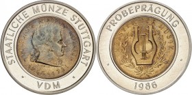 SPEZIALSAMMLUNG NICKEL. 
DEUTSCHE LÄNDER UND STÄDTE. 
BUNDESREPUBLIK. Münzstätte Stuttgart u. VDM Materialprobe 10 DM -Größe 1986 zu Eurovorbereitun...