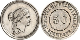 SPEZIALSAMMLUNG NICKEL. 
DEUTSCHE LÄNDER UND STÄDTE. 
SCHWERTE/Westf. WESTFÄL. NICKELWALZWERK SCHWERTE Marke o.J. zugleich Materialprobe D.R. 50 (Pf...