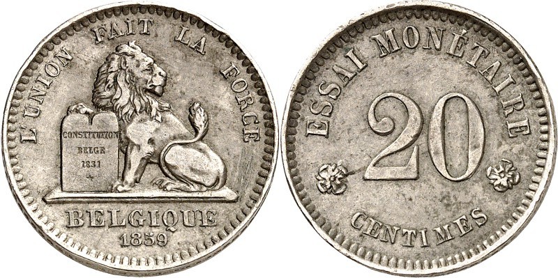 SPEZIALSAMMLUNG NICKEL. 
EUROPÄISCHE LÄNDER. 
BELGIEN. Essai 20 Centimes(2), 1...