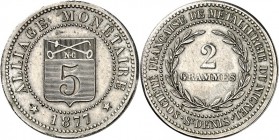 SPEZIALSAMMLUNG NICKEL. 
EUROPÄISCHE LÄNDER. 
FRANKREICH. Probe 5 Centimes 1877 Alliage Monetaire/ Socie`te` Francaise de Metallurgie du Nickel St.D...