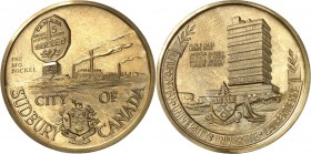 SPEZIALSAMMLUNG NICKEL. 
ÜBERSEE. 
KANADA. Sudbury, Medaille o.J. Hüttenwerk, davor Standbild "The Big Nickel"/ Universitätsgebäude Al, Me, Br-vergo...