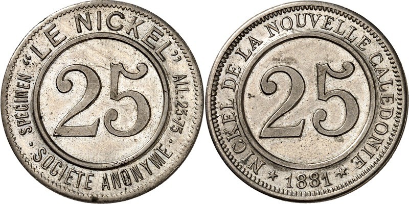 SPEZIALSAMMLUNG NICKEL. 
ÜBERSEE. 
NEUKALEDONIEN. Essai 5,10,25 Centimes 1881 ...