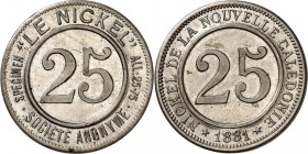 SPEZIALSAMMLUNG NICKEL. 
ÜBERSEE. 
NEUKALEDONIEN. Essai 5,10,25 Centimes 1881 mit Us. NICKEL DE LA NOUVELLE, / SPECIMEN LE NICKEL All:25.75 SOCIETE ...