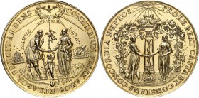 FREUNDSCHAFT, LIEBE, EHE. 
EHE. 
HOCHZEIT. Hochzeitsmedaille (v.J.Höhn jun.in Danzig + 1693) 2.H. 17. Jh. CONNUBIUM FELIX AMOR ET LABOR EFFICIT ARDE...