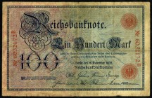 Deutsches Kaiserreich. 
100 Mark 18.12.1905 Reichsbanknote KN 29 mm ohne "RBD". Ros. 24 F, Grab. DEU-20 F. . 

III-IV