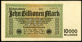 Inflation von 1919/1924. 
10 Billionen Mark 1.11.1923 Wz. Kreuzblüten, FZ 64E braun:. Ros. 128c, Grab. DEU 159. . 

kleines Loch, sonst II-III