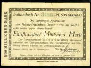 RHEINLAND. 
Bielstein, Gemeinde. 2x 500 Mio. Mark 12.10.1923 -25.1.1924 Nullen schräg und steil.Schecks auf vereinigte Sparkasse der Homburgischen Ge...
