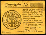 RHEINLAND. 
Brühl, Sparkassen-Vorstand.. 2 Mk 14.08.1914. Entwertet. v.E 189. 3b., Die. 3.c. . 

III