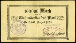 RHEINLAND. 
Burscheid, Städtische Sparkasse. 100 T. Mark August 1923 Carl Richartz. v.E .-, Ke. 696.-. . 

II-III