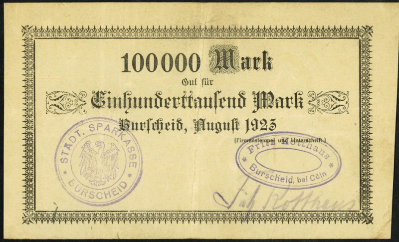 RHEINLAND. 
Burscheid, Städtische Sparkasse. 100 T. Mark August 1923 Kotthaus. ...