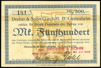 RHEINLAND. 
Düsseldorf, Gerresheim,Dreher & Sohn G.m.d.H.. 500 Mark 31.8.1922 -30.9.1922. v.E. 382.2b., Mü. 1220.2. . 

II