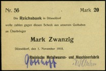 RHEINLAND. 
Düsseldorf, Rhein.Metallwaren u. Maschinenfabrik. 20 Mark 01.11.1918. v.E. 365.2, Geiger 116.2. . 

I-II
