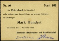 RHEINLAND. 
Düsseldorf, Rhein.Metallwaren u. Maschinenfabrik. 100 Mark 1.11.1918 Nr.16. v.E. 365.5, Geiger 116.5. . 

I-II