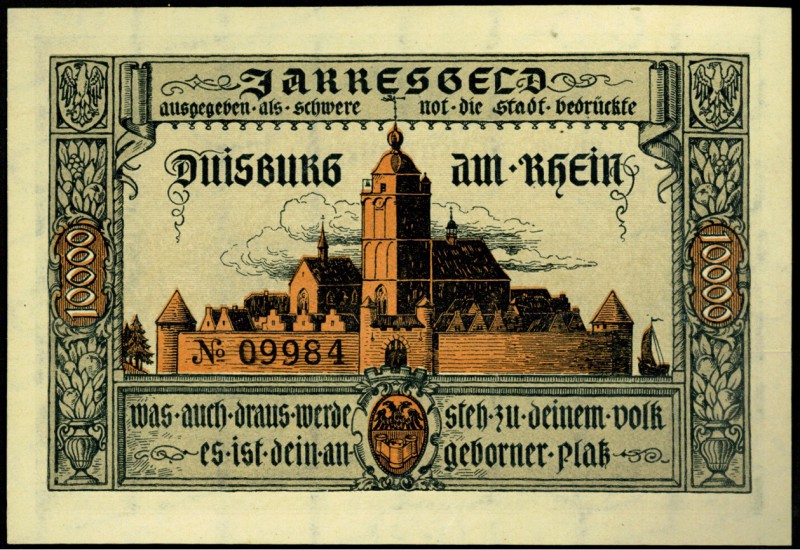 RHEINLAND. 
Duisburg, Stadt. 5000, 10000 Mark 22.3.1923 (2). v.E. 390.10,11, Mü...