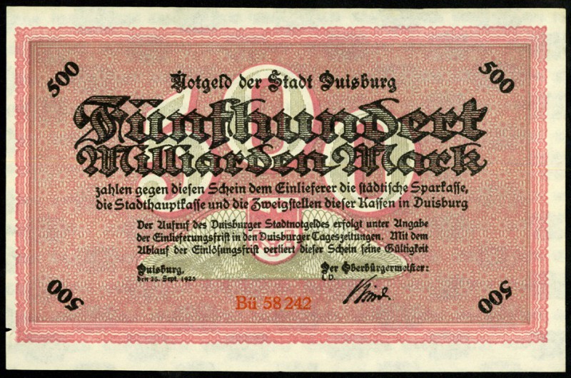 RHEINLAND. 
Duisburg, Stadt. 2x 500 Mrd. 25.9.1923 MD (Udr.graugrün und rosa), ...