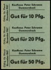 RHEINLAND. 
Gummersbach, Kaufhaus Peter Schramm.. 1, 2, 5, 10, 20, 50 Pf. November 1947, unzerschnitten, gedruckt auf Kinderpostkarte.(2). v.E. -, Ke...