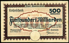 RHEINLAND. 
Gummersbach, Stadtsparkasse. 500 Mrd. Mark 30.10.1923 Lohnscheck auf Städtische Sparkasse-Stadtbank. Ke.&nbsp; 2007.p., v.E 678.38. . 
...