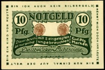 RHEINLAND. 
Köln-Dellbrück, Lichtspiele. 10 Pfennig 1921 Briefmarkengeld mit eingelegten Briefmarken. v.E.&nbsp; 838.2, Tie. 3570.05.05. . 

I