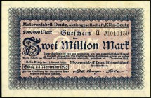 RHEINLAND. 
Köln-Deutz, Motorenfabrik Deutz-AG. 2 Mio. Mark 11.8.1923 - 1.11.1923. v.E.&nbsp; 845.5, Ke.&nbsp; 2720.c. . 

II