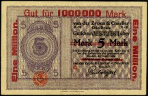 RHEINLAND. 
Köln-Deutz, v. d. Zypen & Charlier-GmbH. 1 Mio. Mark o.D. -1.10.1923 .Überdruck auf 5 Mark von 1918,( Faks. Uschr.Köttgen). ). Ke.&nbsp; ...
