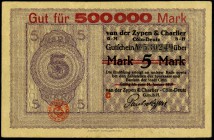 RHEINLAND. 
Köln-Deutz, v. d. Zypen & Charlier-GmbH. 500 T. Mark o.D. -1.10.1923. Überdruck auf 5 Mark von 1918. Ke.&nbsp; 2722.a., v.E. 847.4. . 
...