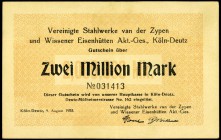 RHEINLAND. 
Köln-Deutz, Vereinigte Stahlwerke. 2 Mio. Mark 9.8.1923. v.E. 848.3a, Ke. 2723.a. . 

I-II